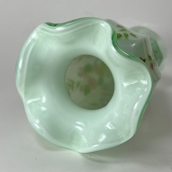 Cased Milk Green Glass Vase Hand Painted Pink Roses Floral Flower Ruffled Top - Picture 6 of 11